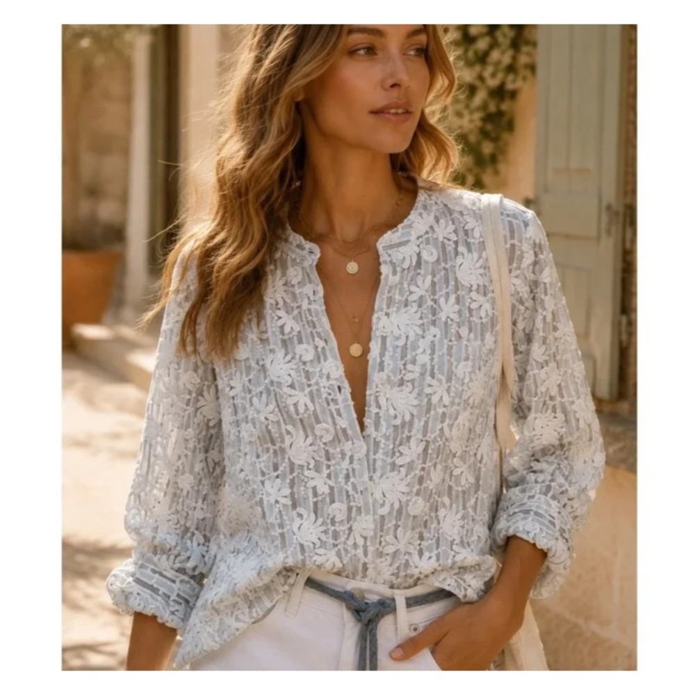 Pilcro The Whitney Trapeze Buttondown Popover Top Blue Stripe M Applique Cotton